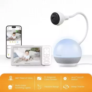 Baby monitor video Chillax DM 610 cu antrenor de somn cu stări girafă - LCD color 2,8 inch, FHSS 2,4 GHz, rază de acțiune 300 m, vedere nocturnă, conversație bidirecțională, senzor de temperatură, cântece de leagăn, lumină de noapte, montare pe perete, alb