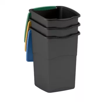 CURVER Koral set de 3 coșuri de gunoi 47L – negru cu capace colorate, capace basculante și rabatabile, găleți interioare detașabile, reciclare de interior