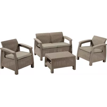 Set de mobilier de grădină KETER Corfu 3 piese bej cu aspect de rattan și perne gri