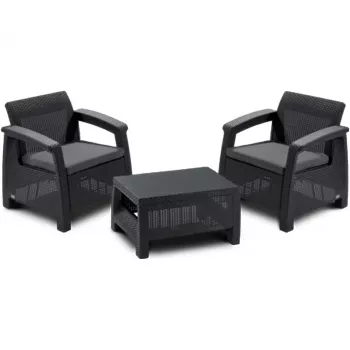Set de mobilier de grădină Keter Corfu Weekend cu 2 locuri și masă de cafea, efect de ratan gri