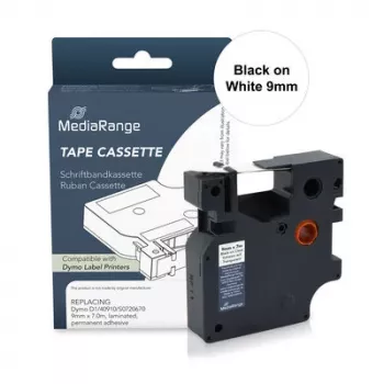 Casetă cu bandă de etichetat MediaRange pentru Dymo D1 40913/S0720680, 9mm x 7m, negru pe alb