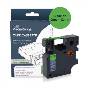 MediaRange casetă de bandă de etichetat din plastic pentru Dymo D1 45019/S0720590, 12 mm x 7 m, laminată, adeziv permanent, negru pe verde (MRDY45019)