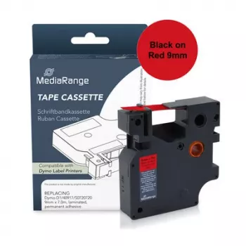 Casetă cu bandă de etichetat din plastic MediaRange pentru Dymo D1 40917/S0720720, 9 mm x 7 m, laminată, adeziv permanent, negru pe roșu (MRDY40917)
