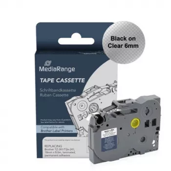 Casetă cu bandă de etichetat MediaRange pentru Brother TZ-111/TZe-111, 6mm, 8m, negru pe transparent
