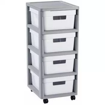 Turn de depozitare Curver Infinity pe roți cu 4 sertare, 40 L total, gri/alb