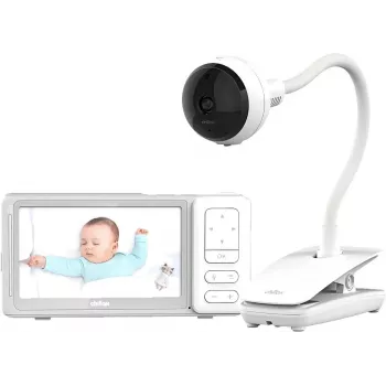 Baby monitor video Chillax DM685 Wi-Fi/FHSS cu unitate pentru părinți de 5 inch, cameră 1080p, funcție pan-tilt, vedere nocturnă, comunicare bidirecțională, senzor de temperatură, cântece de leagăn, alb