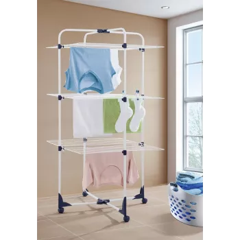 LEIFHEIT Classic Tower 270 Indoor & Outdoor Clothes Drying Rack, 27 m Drying Length, Foldable, 3 Levels, White/Blue