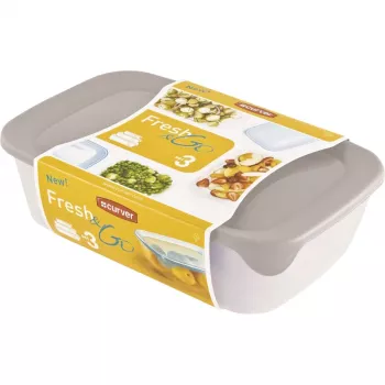 Set de 3 cutii de depozitare alimente dreptunghiulare Curver Fresh & Go, 2L + 1L + 0,5L, transparente cu capace etanșe colorate