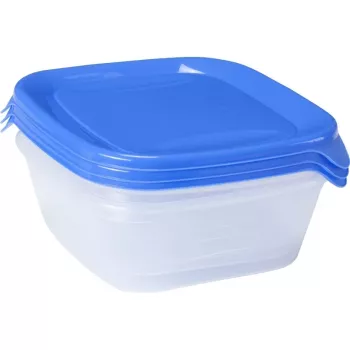 Set de 3 boluri de depozitare alimente CURVER Fresh&Go, 0,8 L fiecare, albastru, capace etanșe, fără BPA, pentru microunde, congelator, lavabile în mașina de spălat vase