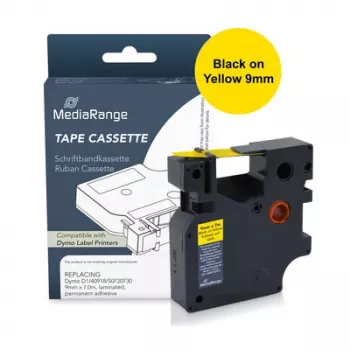 Casetă de bandă de etichetat din plastic MediaRange pentru Dymo D1 40918/S0720730, 9 mm x 7 m, laminată, adeziv permanent, negru pe galben (MRDY40918)