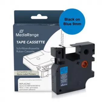 Casetă de bandă de etichetat din plastic MediaRange pentru Dymo D1 40916/S0720710, 9 mm x 7 m, laminată, adeziv permanent, negru pe albastru (MRDY40916)