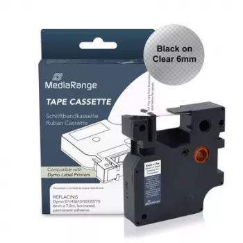 Casetă de bandă de etichetat din plastic MediaRange pentru Dymo D1 43610/S0720770, 6 mm x 7 m, laminată, adeziv permanent, negru pe transparent (MRDY43610)
