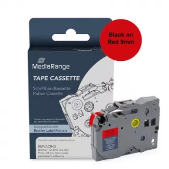Casetă de bandă de etichetat MediaRange pentru Brother TZ-421/TZe-421, 9 mm x 8 m, laminată, adeziv permanent, negru pe roșu (MRBTZ421)