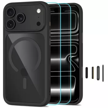 Set 2 buc. husă și sticlă MagSafe TECH-PROTECT MAGONE pentru iPhone 17 Pro Max / 18 Pro Max, negru/transparent