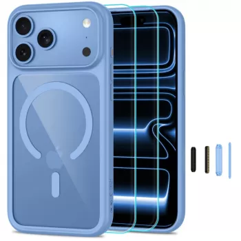 Husă transparentă TECH-PROTECT MAGONE MagSafe cu set de 2 folii de protecție din sticlă pentru iPhone 17 Pro Max / 18 Pro Max – albastru deschis
