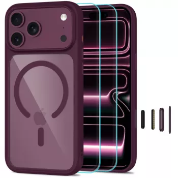Set 2 buc. husă MagSafe TECH-PROTECT MagOne cu protecție de ecran din sticlă călită pentru iPhone 17 Pro Max / 18 Pro Max, cireșă închis/transparent