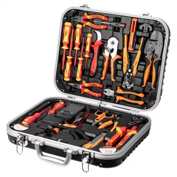Set de scule pentru electricieni NEO TOOLS, 25 piese, scule de mână izolate VDE cu tester de tensiune, clește de dezizolat, clești, șurubelnițe și accesorii în valiză robustă din plastic