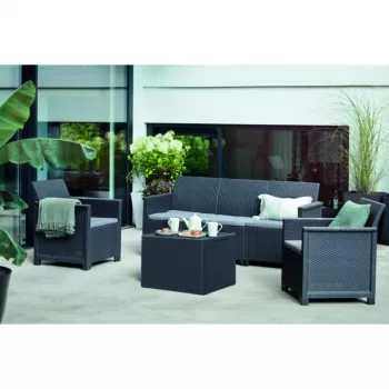 Set de mobilier de grădină KETER Elodie, 5 locuri, cu masă/cutie de depozitare, gri