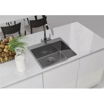 DEANTE ZPO_010B chiuvetă de bucătărie din oțel inoxidabil cu o singură cuvă, satinată, 440x440 mm, încorporată, cu set de scurgere
