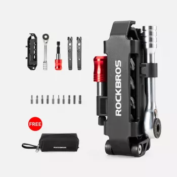 Set de scule pentru bicicletă Rockbros, multitool cu cheie cu clichet și leviere pentru anvelope - negru