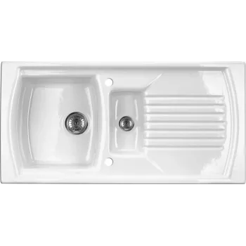 Chiuvetă de bucătărie din ceramică DEANTE ZCL_651N cu 1,5 cuve și scurgător, alb