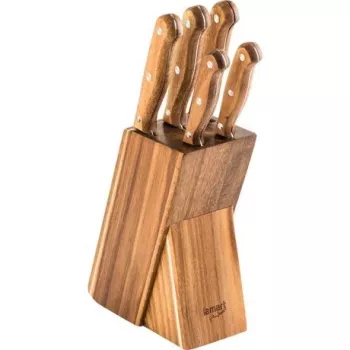Set suport de cuțite LAMART LT2080 din lemn de acacia, 5 cuțite din oțel inoxidabil