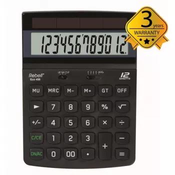Calculator de birou REBELL RE-ECO 450 BX, LCD cu 12 cifre, alimentare duală, plastic reciclat, negru