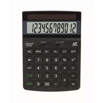 Calculator de birou REBELL RE-ECO 450 BX, LCD cu 12 cifre, alimentare duală, plastic reciclat, negru