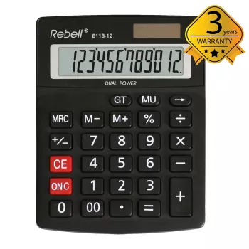 Calculator semi-birou REBELL RE-8118-12 BX, LCD înclinat cu 12 cifre, alimentare duală solar și baterie, negru