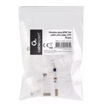 Conector modular universal pass-through UTP 8P8C RJ45 Gembird Cablexpert, pentru conductori până la 24 AWG, 10 bucăți pe pungă (LC-PTU-01/10)
