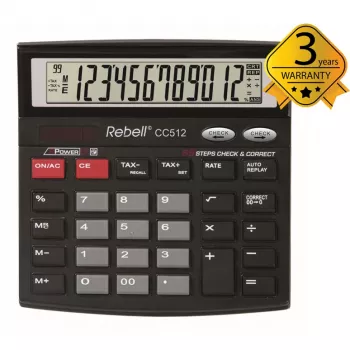 Calculator de birou REBELL RE-CC512 BX, 12 cifre, alimentare duală, negru/argintiu