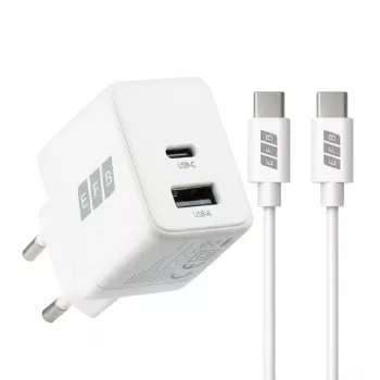 Set încărcător de perete EFB Elektronik G201A1CE 20W GaN USB-C PD3.0 + USB-A QC3.0 cu cablu USB-C de 2 m, alb