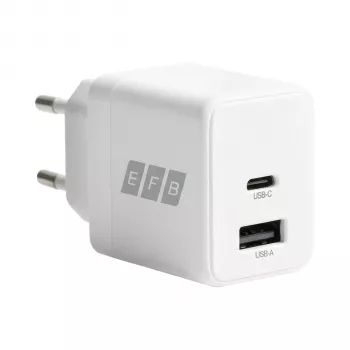Set încărcător de perete EFB Elektronik G201A1CE 20W GaN USB-C PD3.0 + USB-A QC3.0 cu cablu USB-C de 2 m, alb