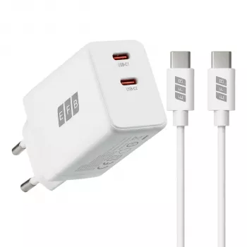 Set încărcător de perete EFB Elektronik G452CE 45W dual USB-C GaN cu cablu USB-C de 2 m, alb
