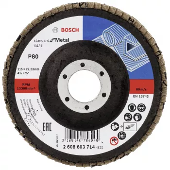 Disc de șlefuit cu lamele Bosch X431 Standard pentru metal, drept, 115 mm, granulație 80, suport din fibră de sticlă, 2608603714
