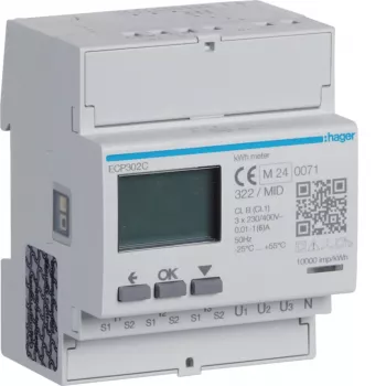 Contor de energie trifazat Hager ECP302C pentru transformatoare de curent 1A sau 5A, 4 module pe șină DIN, ieșire impulsuri S0