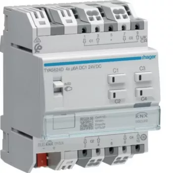 Actor de jaluzele/obloane KNX Secure cu 4 canale Hager TYAS624D 24V DC