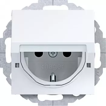 Priză Schuko HAGER WAS1213WG cu capac rabatabil, 45° montaj îngropat, alb polar
