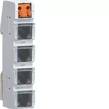 Modul bus Hager LMN cu 4 porturi RJ12, alimentare activă, montaj pe șină DIN, lățime 2 TE, ZZ12LMN04A