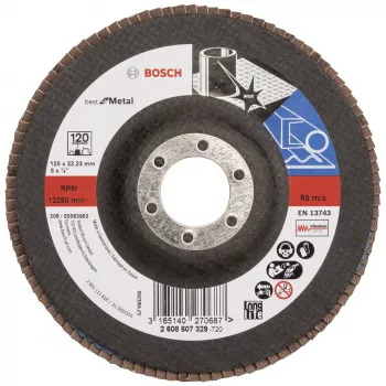 Disc abraziv lamellar BOSCH X-LOCK, 125 mm, P120, corindon zirconiu, conic, pentru metal, 2608607329