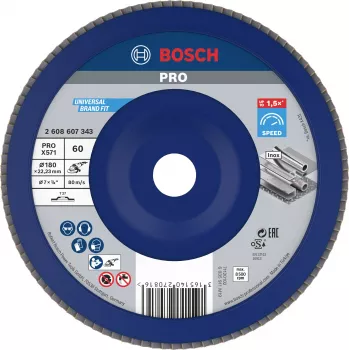 Disc de șlefuit cu lamele Bosch X571 Best for Metal, diametru 180 mm, alezaj 22,33 mm, corindon zirconic, granulație K40, conic tip 29, pentru oțel și metale feroase, 2608607343