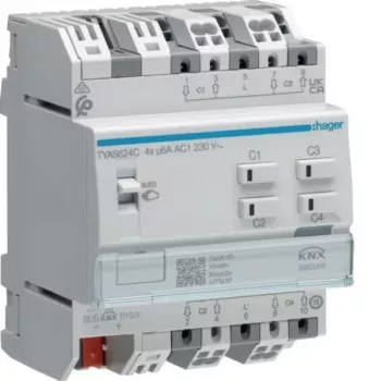 Actor pentru rulouri/jaluzele KNX Secure Hager TYAS624C cu 4 canale, 230 V AC, șină DIN