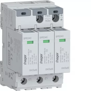 Dispozitiv de protecție la supratensiune Hager SPE340 tip 2, 3 poli, TNS/TT, 275V, 20kA, 40kA Imax