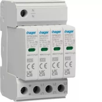 Descărcător de supratensiune Hager SPB420 tip 2, 3P+N, 275V AC, 40kA, șină DIN