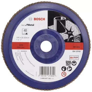 Disc de șlefuit cu lamele Bosch X571 Best for Metal, diametru 180 mm, alezaj 22,23 mm, corindon zirconic, granulație 40, 1 buc., 2608607342