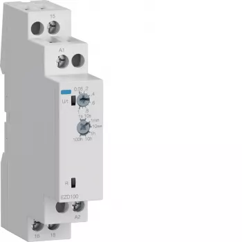 Releu temporizator multifuncțional Hager EZD100 24-240V AC/DC, 10 funcții, 1 contact CO, șină DIN