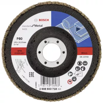 Disc de șlefuit cu lamele Bosch X431 Standard pentru metal, drept, 125 mm, granulație 80, suport din fibră de sticlă 2608603718