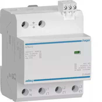 Descărcător combinat de supratensiune HAGER SPA412 tip 1+2+3, 12,5kA, TNS/TT, 4 poli, 230/400V