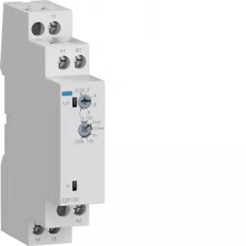 Releu de timp multifuncțional Hager EZF100, 230V AC, 8 funcții, 0,1s-10h, 1 contact CO, șină DIN