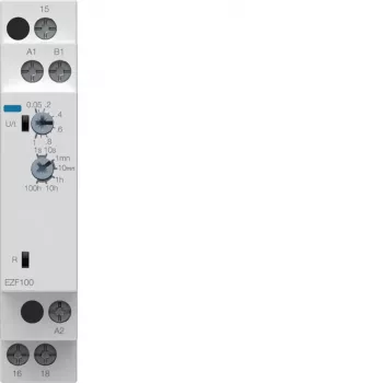 Releu de timp multifuncțional Hager EZF100, 230V AC, 8 funcții, 0,1s-10h, 1 contact CO, șină DIN